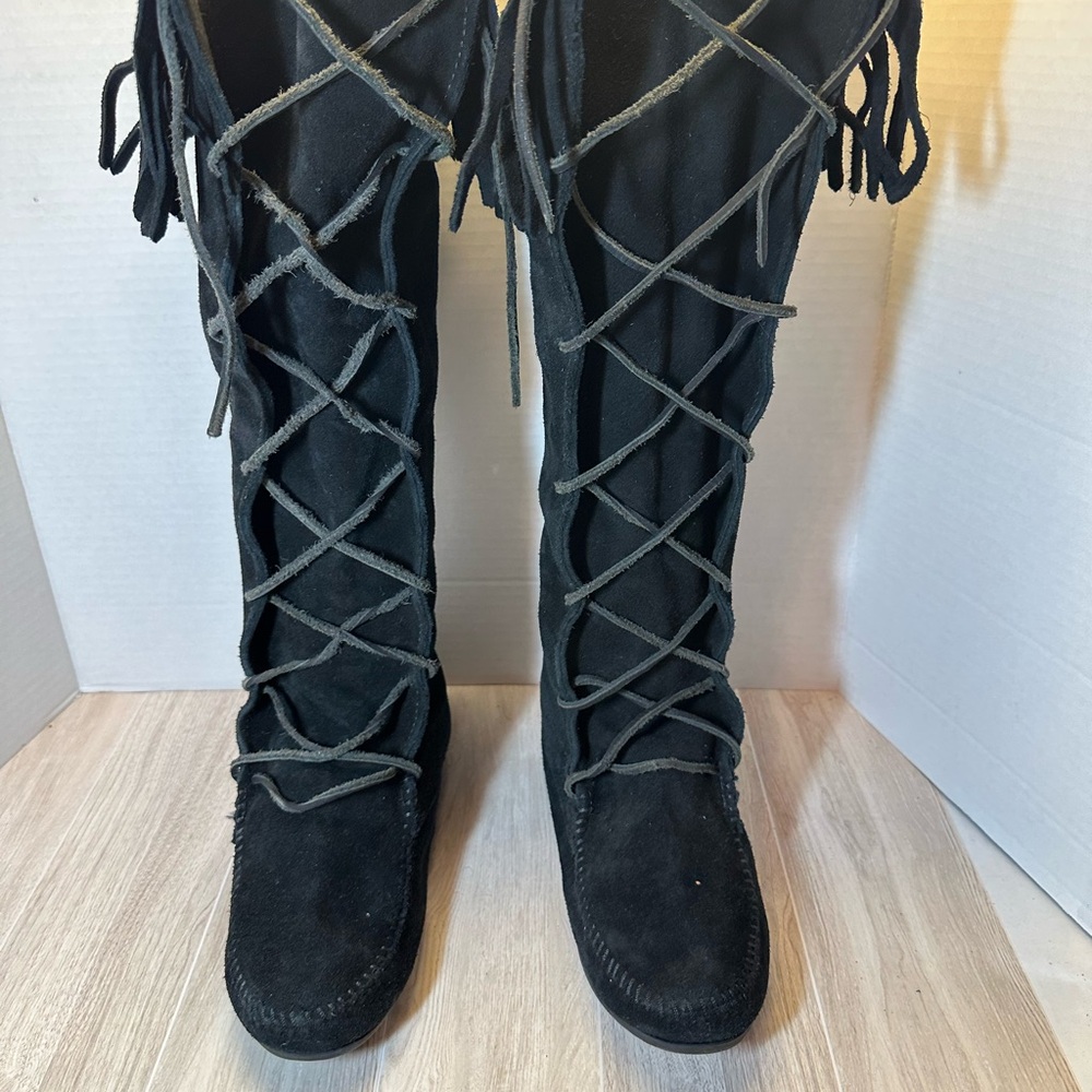 Minnetonka Black Suede Lace-Up Fringe Boots - Picture 2 of 8